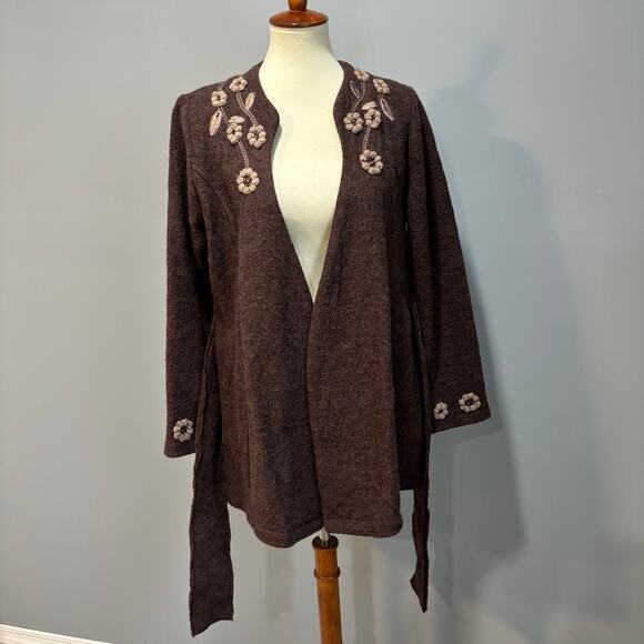 Vintage 90s Y2K Cynthia Rowley floral-trim brown wool tie sweater coat, Size M - Picture 7 of 9